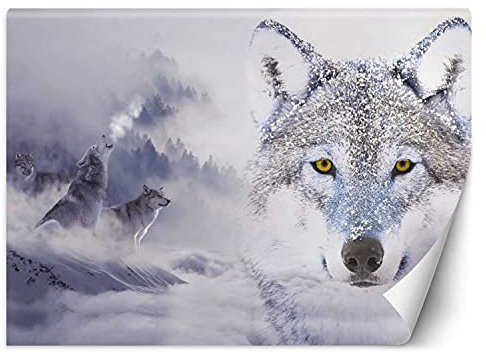 Feeby Vlies Fototapete Uv Gel Druck Wald Berge Wölfe Rudel 150x105 cm Grau Schlafzimmer Wohnzimmer Büro Hotel Flur Schnee Frost Nebel