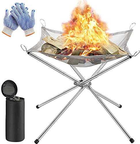Foyer portable pour camping, cheminée d'extérieur pliable avec gants résistants à la chaleur et sac de transport, brasero en maille d'acier inoxydable pour pique-nique, feu de camp, terrasse, jardin