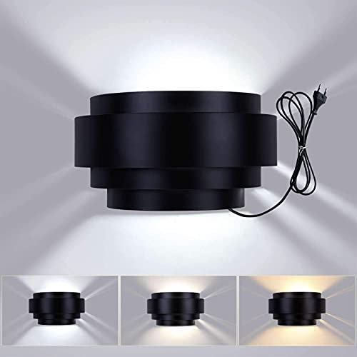ANKBOY Wandleuchte Innen mit Stecker und Schalter Dimmbare Wandlampe 3 Lichtfarben Modern Flurlampe mit 1,8m Kabel E27 Schmiedeeisen Wandlicht für Treppenhaus Flur Wohnzimmer Schlafzimmer,Schwarz