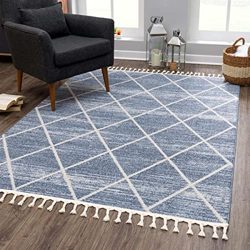 carpet city Teppich Scandi-Look Wohnzimmer Blau - 140x200 cm - Ethno Raute-Optik - Boho-Teppiche Kurzflor Modern - Fransenteppich Tricolor Soft&Weich - Flachflor Schlafzimmer