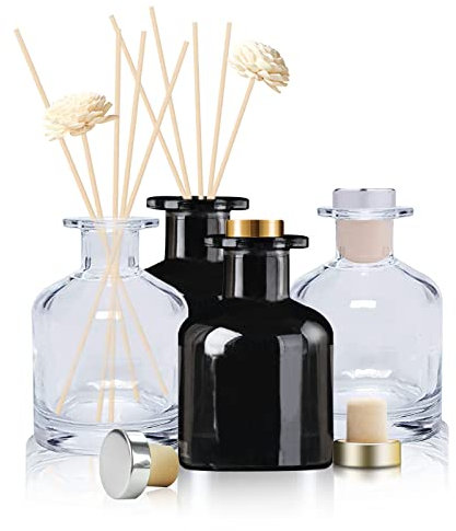 HOSSIAN 2 Botellas difusoras de Vidrio Transparente 2 Botellas difusoras Negras con Varillas de caña Natural (4 x 3.9 Pulgadas)