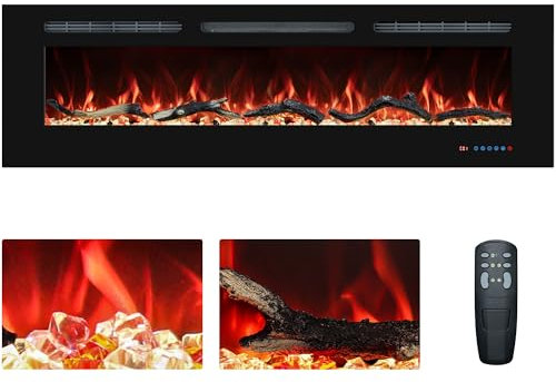 152cm Electric Fireplace Inserts, Recessed and Wall Mounted Fireplace Heater, Linear Fireplace/Thermostat, Remote & Touch Screen, Multicolor Flame, Timer, Log & Crystal, 750W/1500W