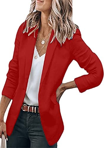 OMZIN Femmes Automne Business Blazer Manches Longues Ouvert Devant Col Revers Travail Veste Rouge XXL
