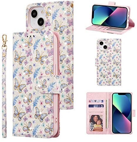 UEEBAI Wallet Case for iPhone 13 6.1 inch, PU Leather Phone Case Kickstand RFID Blocking Flip Case with Card Slots Wrist Strap Relief Engraved Pattern Magnetic Closure Folio Case - Butterfly