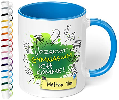 True Statements Geschenk zur Einschulung aufs Gymnasium - hochwertige Keramik Tasse mit Spruch Vorsicht Gymnasium, ich komme! auf Wunsch mit Namen (mit Wunschname, Cambridge Blau)