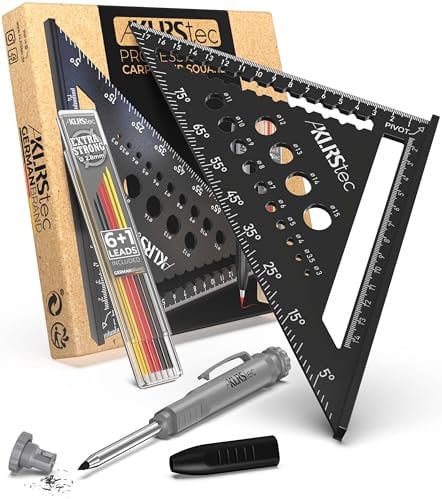 KLRStec Professional Zimmermannswinkel Set – Hochwertiges Tischlerwinkel Set inkl. Tieflochmarker [+Minen] Metall Messwinkel Werkzeug-Set