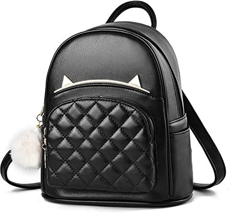 NICOLE & DORIS Damen Kleine Rucksack Leder Rucksäcke Süßer Mädchen Rucksack Casual Daypack Damenrucksack wasserdichte Schulrucksack Tagesrucksack mit Pompons Schwarz
