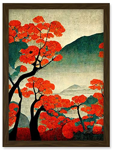 Doppelganger33 LTD Modern Japanese Red Maple Trees On Hillside Artwork Framed Wall Art Print A4