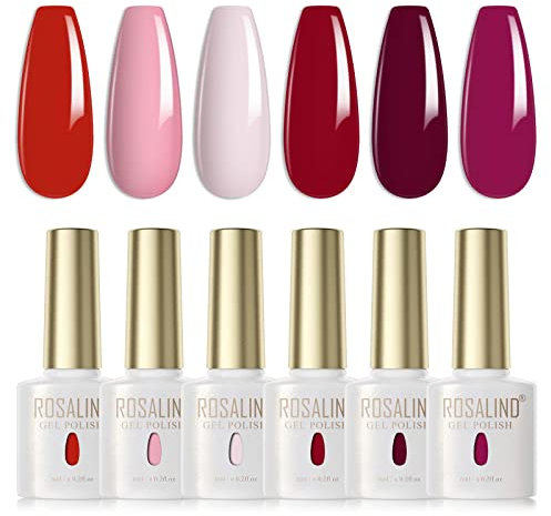 ROSALIND Esmaltes Semipermanentes Rojo Rosa Rosa Claro Morado Oscuro 6 Colores Kit Pintauñas Semipermanentes Uñas de Gel UV LED Esmaltes en Gel Nail Polish Esmalte Uñas Valentín