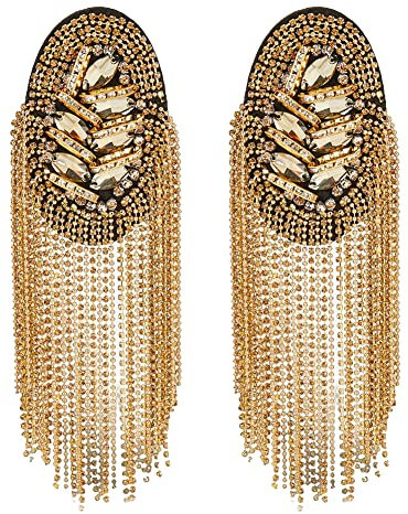 SUPERFINDINGS 2 Stück Strass Schulter Fransenquaste Epauletten Schulterklappen 18.5cm Gold Retro Goldene Schulter Punk Epauletten Brosche Schulter Patches für Uniform Anzug Kostümparty Bühnenauftritt