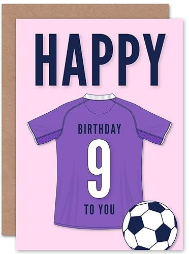 Artery8 Soccer Football 9th Birthday Card for Boys Girls Purple Jersey Football Top on Pink Background