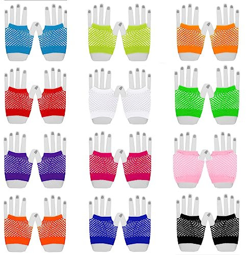 LHKJ 12 Pares Guantes de Rejilla sin Dedos Multicolor, Guantes Malla Elástica de Nailon Vintage para Fiesta Temática Retro los 80 Accesorios para Disfraces Mujeres y Niñas