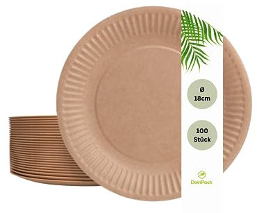 DeinPack Einwegteller 18 cm Ø 100 Stück I Pappteller braun rund I recycelbares Partygeschirr | Teller für Geburtstag & Partys | umweltfreundliche Teller biologisch abbaubar