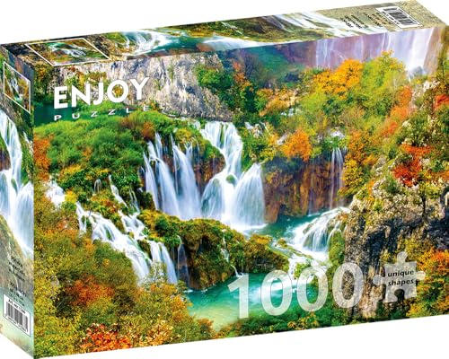1000 Pieces Jigsaw Puzzle for Adults – Matte Finish, Soft Touch, Sturdy and Unique Pieces, Tight Fit, Vivid Colors, Missing Pieces Service – Waterfall in Autumn Forest Landscape – by ENJOY Puzzle