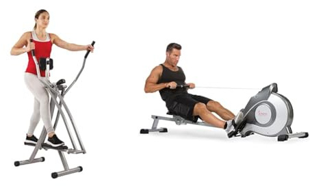 Sunny Health & Fitness Elliptical Cross Trainer w/LCD Monitor, Air Walker Exercise Machines + Magnetic Rowing Machine, Folding Rower W/LCD Monitor and 8 Level Resistance
