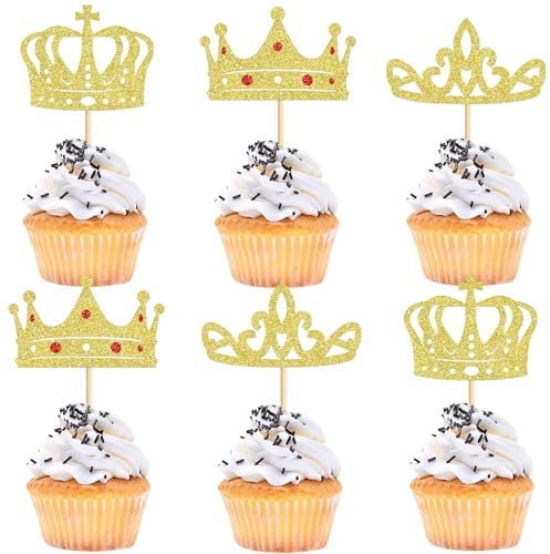 Cyodoos 24Pcs Gold Crown Cupcake Toppers Glitter Queen Crown Cupcake Baby Shower Wedding Birthday Party Cake Decorations Supplies