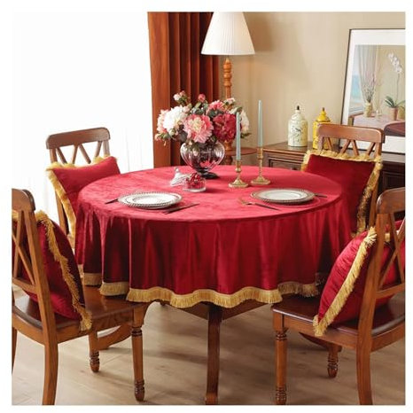 Lieson Tafeldecke Rund 260 cm, Samt Tischdecke Abwaschbar Einfarbig mit Quasten Reihen Tischwäsche für Couchtisch Home Küche Speisetisch Dekoration, Rot