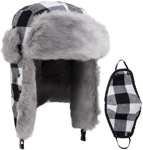NONMON Unisex Winter Fliegermütze mit Ohrenklappen und Winddichte Abnehmbarer Gesichtsmaske, Warme Kunstfellmütze Bomber Hut Damen Herren Trappermütze für Skifahren Outdoor Aktivitäten