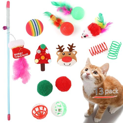 Speedy Panther 13 Pcs Cat Toys - Indoor Cat Teaser Wand with Spring, Mouse & Plush Ball Toys for Kitten Christmas