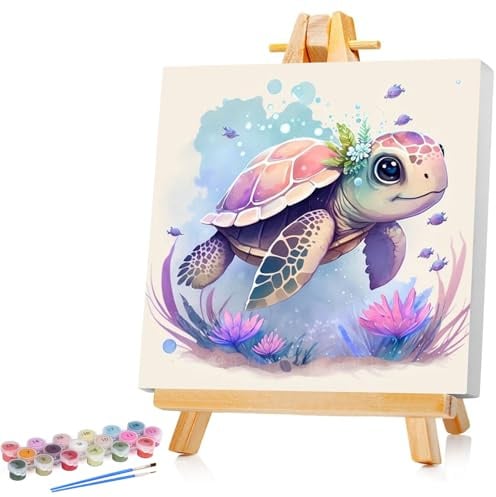 Meeresschildkröte Malen Nach Zahlen Kinder Mit Rahmen Seeschildkröte Paint by Numbers für Kind Cute Tier Ölgemälde Kinder ab 5 6 7 8 9 Jahre für Haus Dekoration 20x20cm (Mit Holzrahmen)