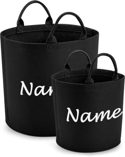 Schnoschi Filz Aufbewahrungskorb mit Namen oder Text bestickt, Wäschekorb mit Wunschnamen, Spielzeugkorb individualisiert (schwarz, 40 x 40 cm - 50 Liter)