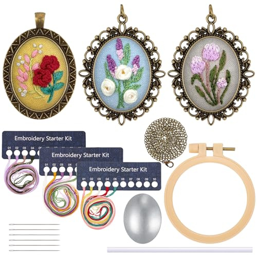 JSRQT 3 Pack Blumen Anhänger Stickerei Starter Sets, Halskette Stickset für Erwachsene, Mini Kreuzstichset mit Stickwerkzeug, DIY Handgemachtes Set für Halsketten Ohrring mit Ketten