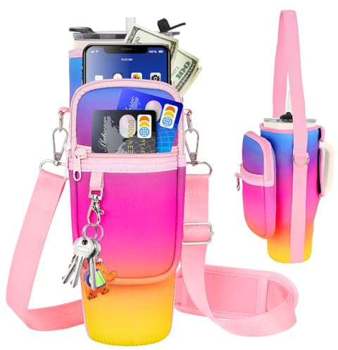 Water Bottle Carrier Bag with Phone Pocket Compatible with Stanley/Meoky 40 oz Tumbler with Handle,Water Bottle Holder Pouch with Adjustable Strap Compatible with Stanley Cup Accessories,Rainbow