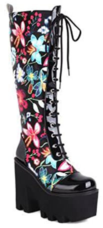 Stivali Moda da Donna 13CM/5.11IN Stivali Alti Stringati con Tacco Alto e Stampa Etnica con Suola Spessa Stivali