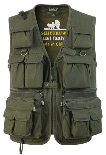 SUSHIMIAN Chaleco de Pesca con Múltiples Bolsillo para Hombre Chaleco Tip Safari Chaqueta Sin Mangas de Caza Chaleco de Fotografía, Verde, XL
