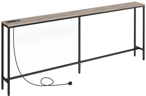 MAHANCRIS Console Table with Power Outlet, 200 CM Narrow Sofa Table, Industrial Entryway Table with USB Ports, Behind Couch for Entryway, Hallway, Living Room, Greige and Black ACTHG20KE01
