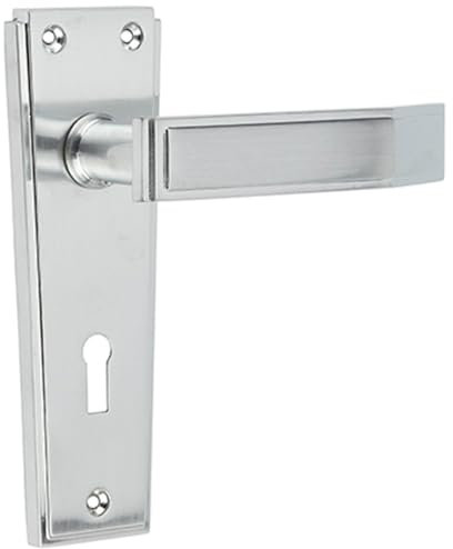 Art Deco Satin Chrome Door Handle with Lockplate - Interior Lever on Backplate