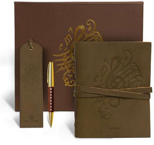 Leather Journal Embossed Music Gift Set + Antique Leather Bookmark + Pen, Handmade Writing Notebook 8x6 Inches Unlined Leather Bound Daily Notepad For Men For Women, Luxury Gift Box Diary for all ages