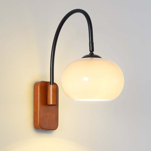 AoLa Holz Wandleuchte Verstellbare Innen Retro Wandlampe E27 Drehbar Vintage Industriell Nachttischlampe mit Rund Glas Lampenschirm Wand Leselampe für Schlafzimmer Wohnzimmer Hotel Büro