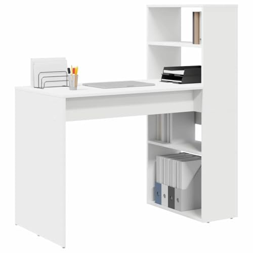 vidaXL Schreibtisch Weiß Holzwerkstoff 113 x 54 x 120 cm | Schicker, minimalistischer Look für moderne Räume, Mit Regalen für Ordnung und Style, Robuste Oberfläche,