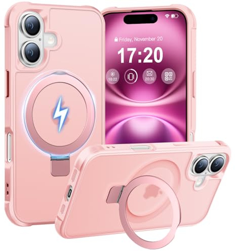 BENTIACC Handyhülle für iPhone 16 Hülle, mit Unsichtbarer Magnetisch Ring Ständer, Mil-Grade Drop Shockproof Anti-Scratch Anti-Fingerabdruck Anti-Rutsch Transluzente Matte Case (Pink)