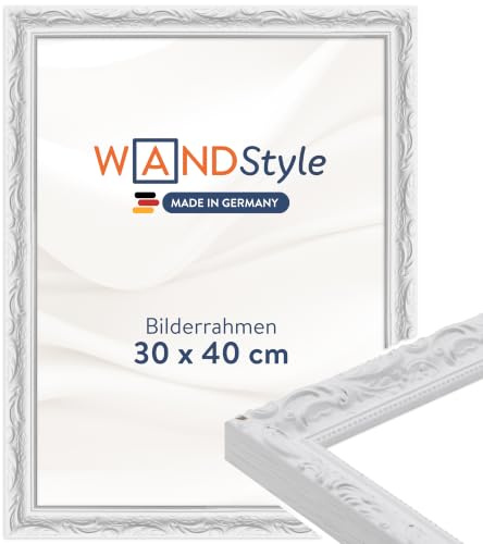 WANDStyle weißer Bilderrahmen 30x40 Holz, Bilderrahmen Weiß Vintage | Hochwertiger Holzbilderrahmen Antik, Posterrahmen zum Aufhängen, Rahmen 40x30 cm, Fotorahmen H530 Made in Germany