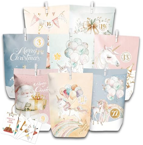Adventskalender Bastelset – 28 Papierbeutel zum Befüllen mit Karten, Clips & Schnur – DIY Advent Calendar Bags für Kinder & Familie, Weihnachts Deko & Geschenkidee (Einhorn + Aktivitätskarten)