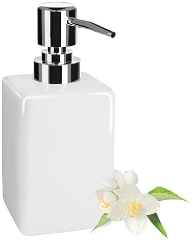 White Ceramic Soap Dispenser, 300ml Square Bathroom Soap Dispenser, Refillable Kitchen Bathroom Liquid Soap Dispenser for Hand Wash