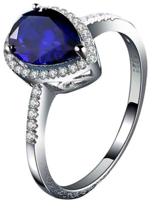 Weißgold Ringe Damen 14K, Ringe für Damen Wassertropfen mit 1.5Ct Blau Hergestellter Saphir Größe 45 (14.3)