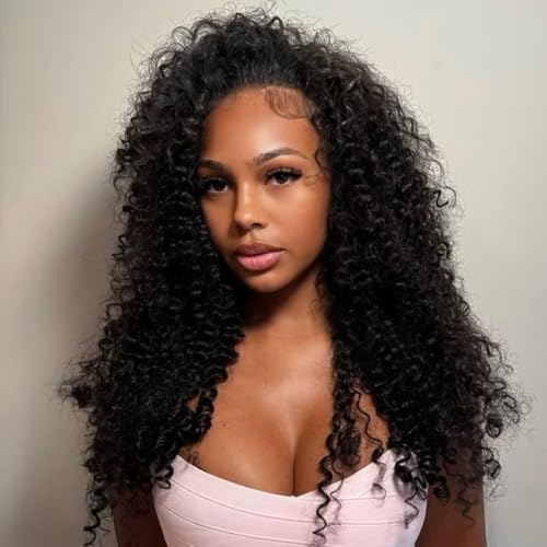Half Wig Human Hair Glueless Wigs Upgrade 3 IN 1 Half Wig With Drawstring Seamless Clip Ins Flip Over Deep Wave Human Hair No Glue No Lace for Women 180% Density 16 Inch