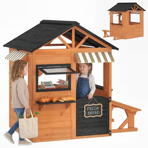 AIYAPLAY Casita Infantil Exterior e Interior de Madera, Casita Infantil Grande con Cocina de Juguete, Banco de Picnic, Ventanas de Servicio, Media Puerta, Casa de Jardín para Niños de 3-8 Años, Marrón