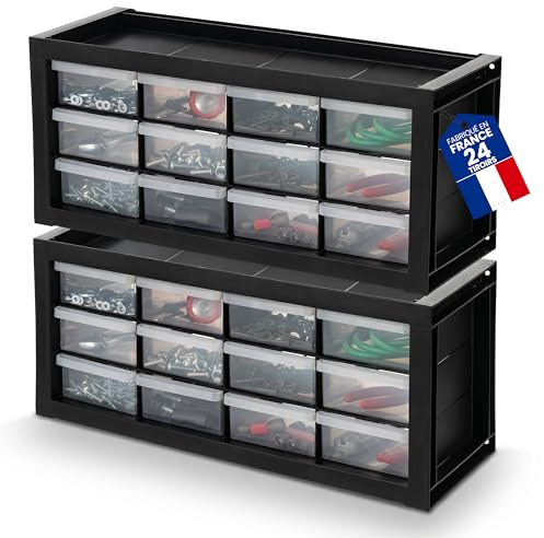Iris Ohyama, Set de 2 Casiers de Rangement Vis, 12 Grands Tiroirs, DPC-12 | Boite à tiroirs empilable avec fixation Murale, Butée de Tiroir, Polyvalent, Bricolage, sans BPA, Compartiments.