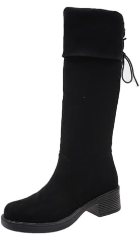 HEMNACU Stivali da donna in pelle scamosciata con tacco, stivali sopra il ginocchio, senza chiusura, scarpe calde invernali alte, scarpe piatte eleganti, stivaletti con tacco basso fino al ginocchio