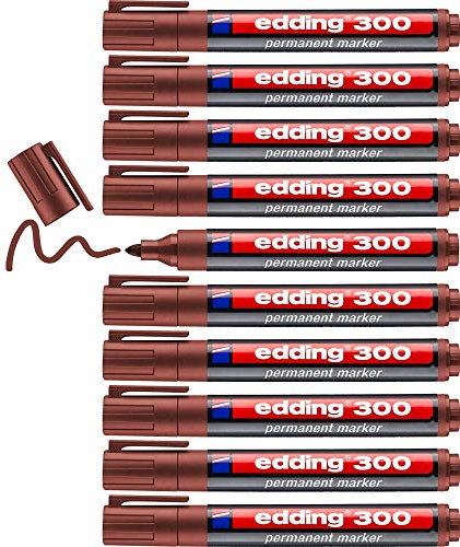 edding 300 Marqueur permanent - marron - 10 stylos - pointe ronde 1,5-3 mm - sèche vite, résiste à l'eau et aux frottements - pour carton, plastique, bois, métal, verre