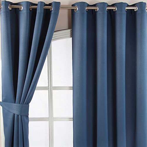 HOMESCAPES Navy Blue Eyelet Ring Top Blackout Thermal Curtain Pair Width 117cm (46) x 182cm (72) Drop Herringbone Chevron Textured Retro Geometric Design. FREE SWATCHES.