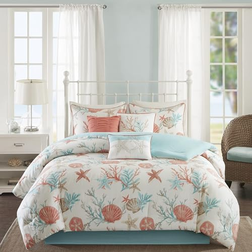 Madison Park 100% Cotton Comforter Set - Coastal Coral, Starfish Design All Season Down Alternative Cozy Bedding with Matching Shams, Decorative Pillow, Queen(90x90), Teal 7 Piece