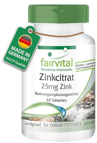 Fairvital | Zinc Citrate with 25mg zinc - Vegan - HIGH Dosage - 60 Tablets
