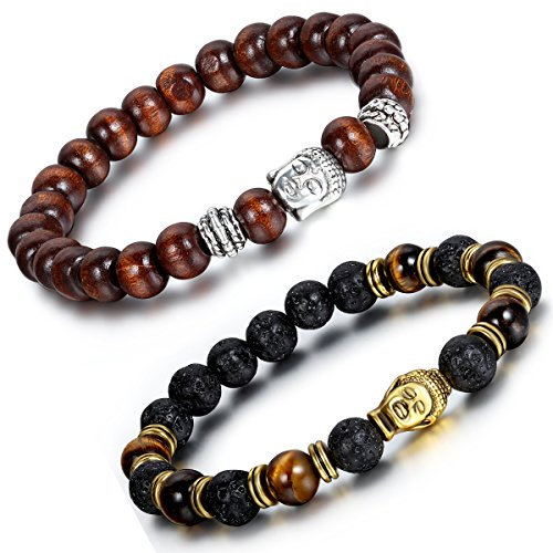 Aroncent 2PCS Herren Damen Lava Armband, 8mm Breite Tibetische Silber Gold Buddha-Kopf Gebet Mala Kugel Perle Energietherapie Armreif Armschmuck, Holz Metalllegierung, Braun Schwarz