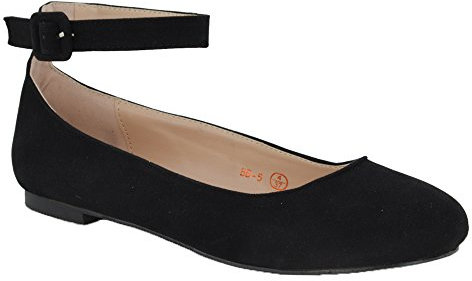 ESSEX GLAM Womens Flat Ankle Strap Ballet Pumps Ladies Ballerina Party Bridal Smart Shoes Shoes 3-8 Black Faux Suede