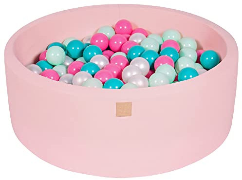 MEOWBABY Bällebad Baby - Rund 90x30cm Baby Pool für Kinder mit 200 Bälle, Baumwolle, Hellrosa: Weiße Perle/Türkis/Hellrosa/Minze
